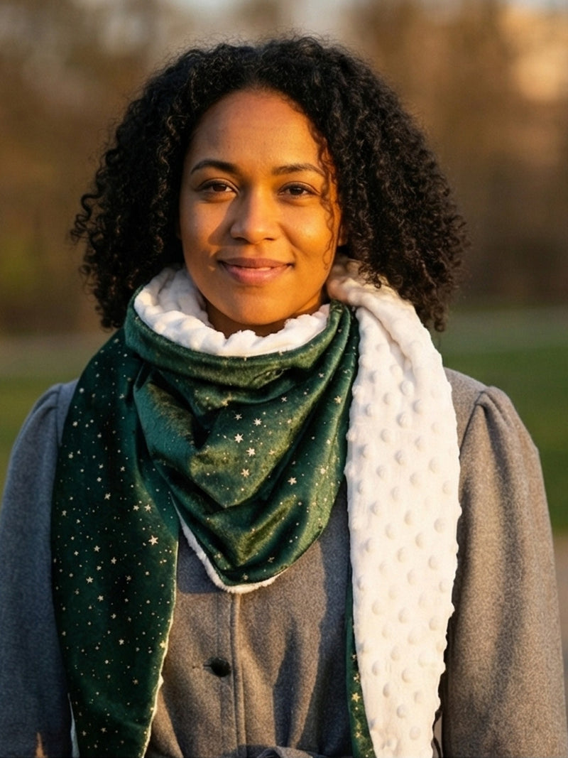 Chèche triangle velours émeraude doublé minky blanc, porté de face