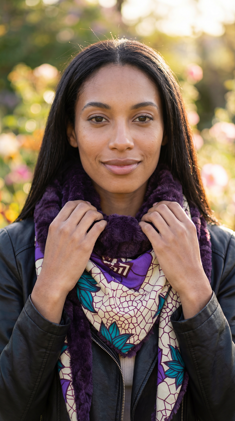 Écharpe Triangle Wax Africain Fleurs Turquoise Fausse Fourrure Violette | Fait Main France | Pièce Unique