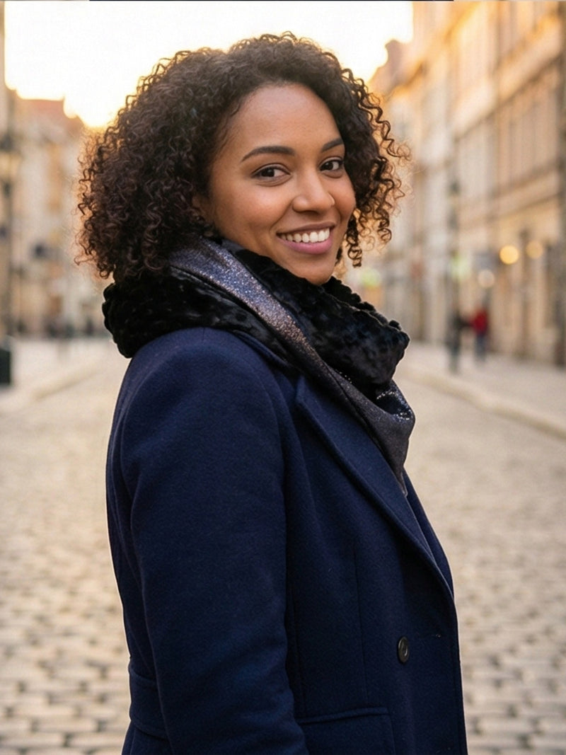 Chèche velours pailleté argent porté, vue de profil