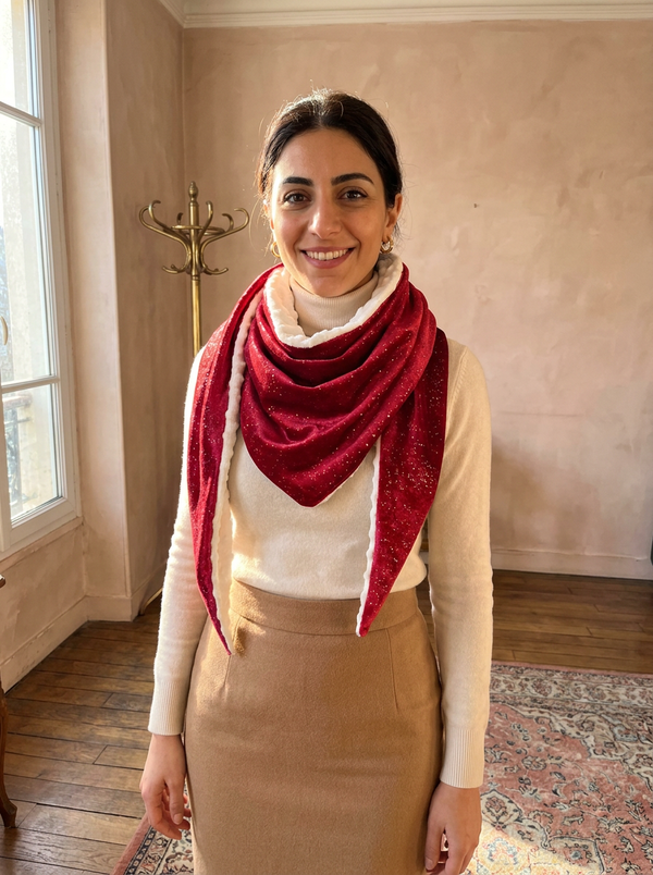 Capucine — Chèche velours pailleté bordeaux doublé sherpa